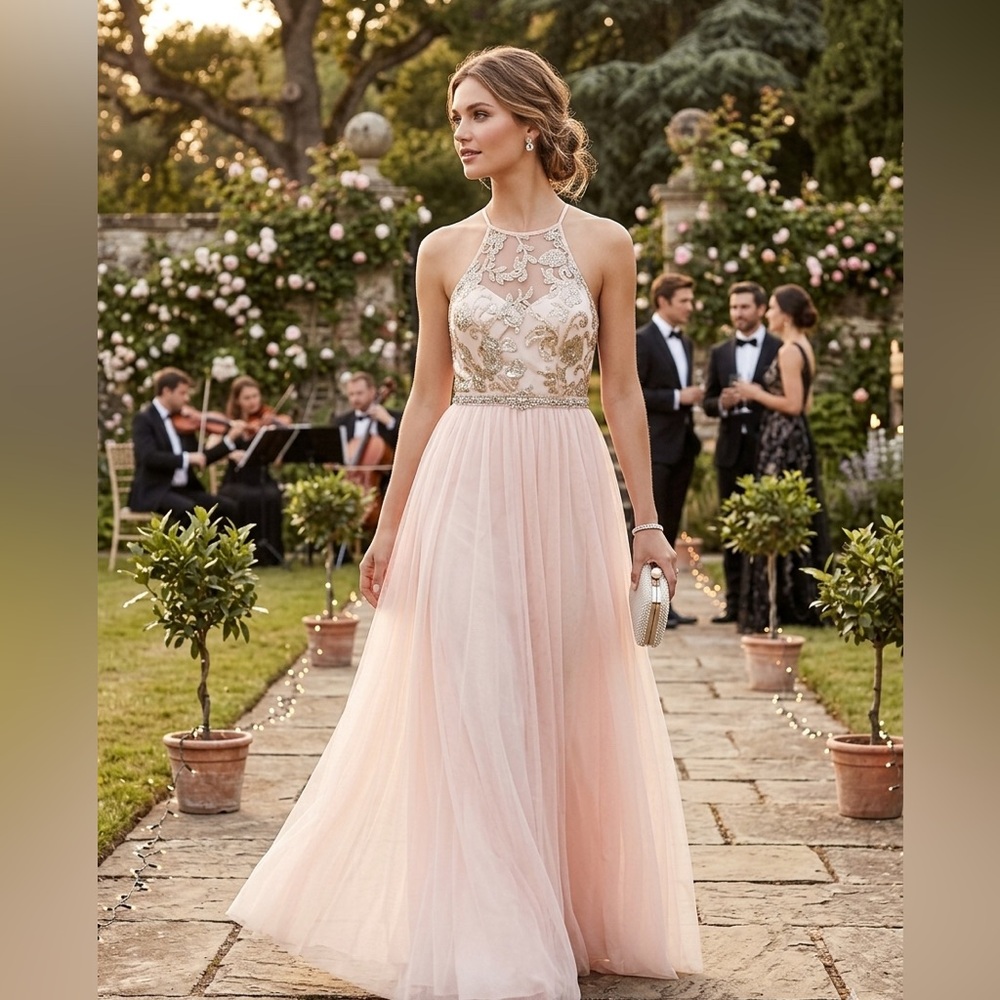 B Darlin Blush Pink Halter Maxi Gown with Gold Embellishment